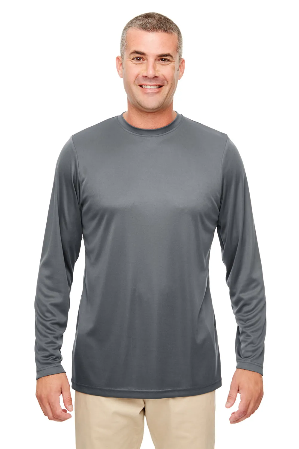 UltraClub Mens Cool & Dry Performance Moisture Wicking Long Sleeve Crewneck T-Shirt - Charcoal Grey