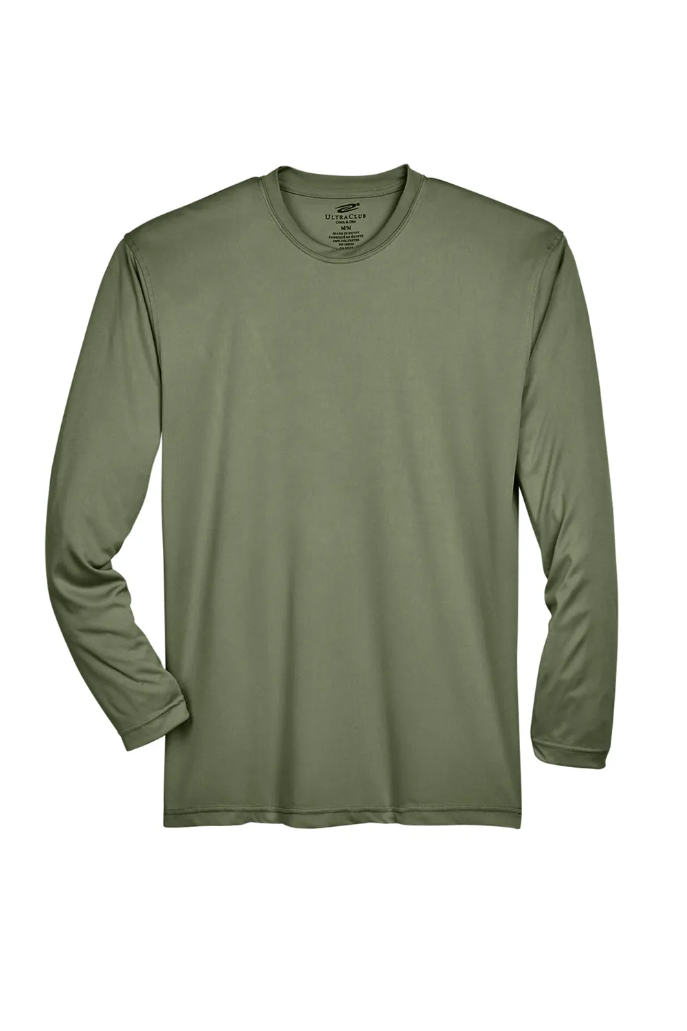 UltraClub Mens Cool & Dry Performance Moisture Wicking Long Sleeve Crewneck T-Shirt - Military Green - Closeout