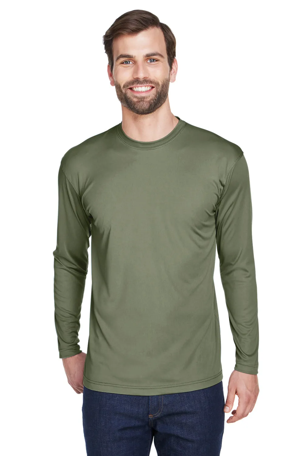 UltraClub Mens Cool & Dry Performance Moisture Wicking Long Sleeve Crewneck T-Shirt - Military Green - Closeout