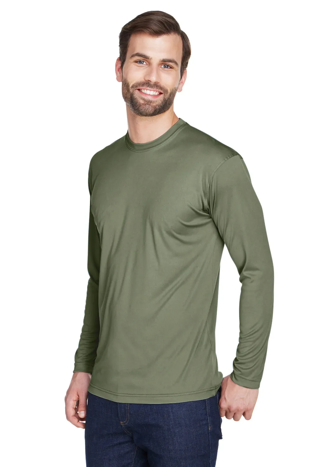 UltraClub Mens Cool & Dry Performance Moisture Wicking Long Sleeve Crewneck T-Shirt - Military Green - Closeout