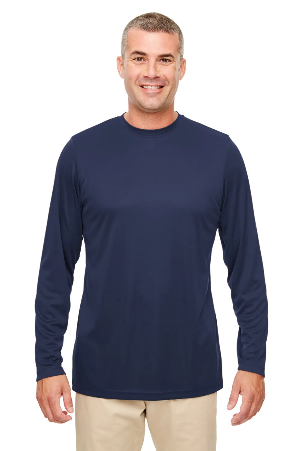 UltraClub Mens Cool & Dry Performance Moisture Wicking Long Sleeve Crewneck T-Shirt - Navy Blue