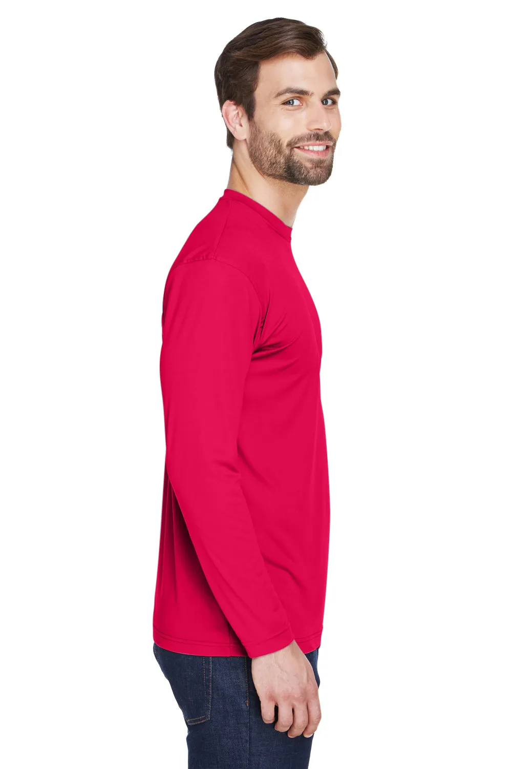UltraClub Mens Cool & Dry Performance Moisture Wicking Long Sleeve Crewneck T-Shirt - Red - Closeout