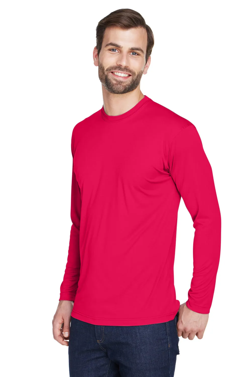 UltraClub Mens Cool & Dry Performance Moisture Wicking Long Sleeve Crewneck T-Shirt - Red - Closeout