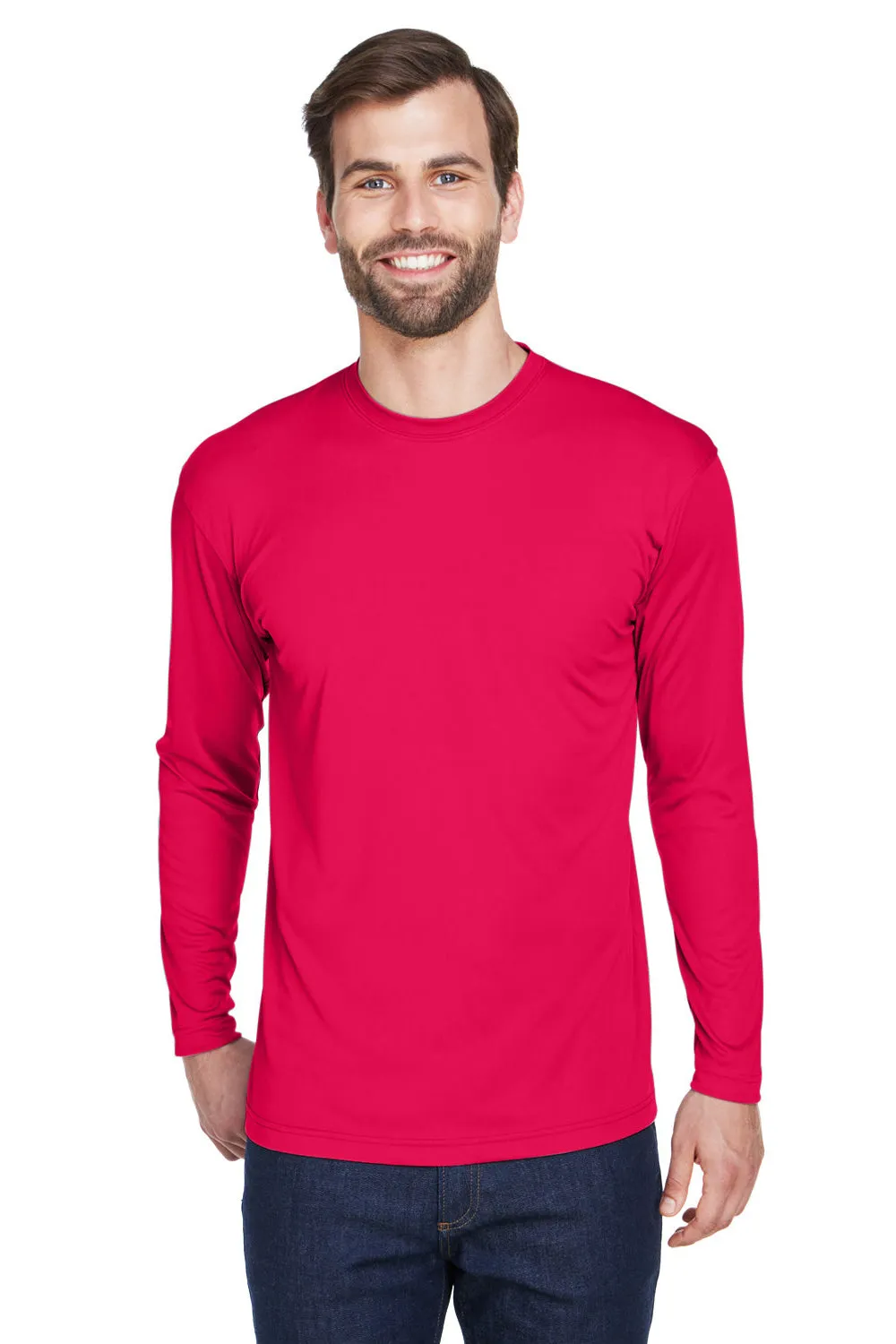 UltraClub Mens Cool & Dry Performance Moisture Wicking Long Sleeve Crewneck T-Shirt - Red - Closeout