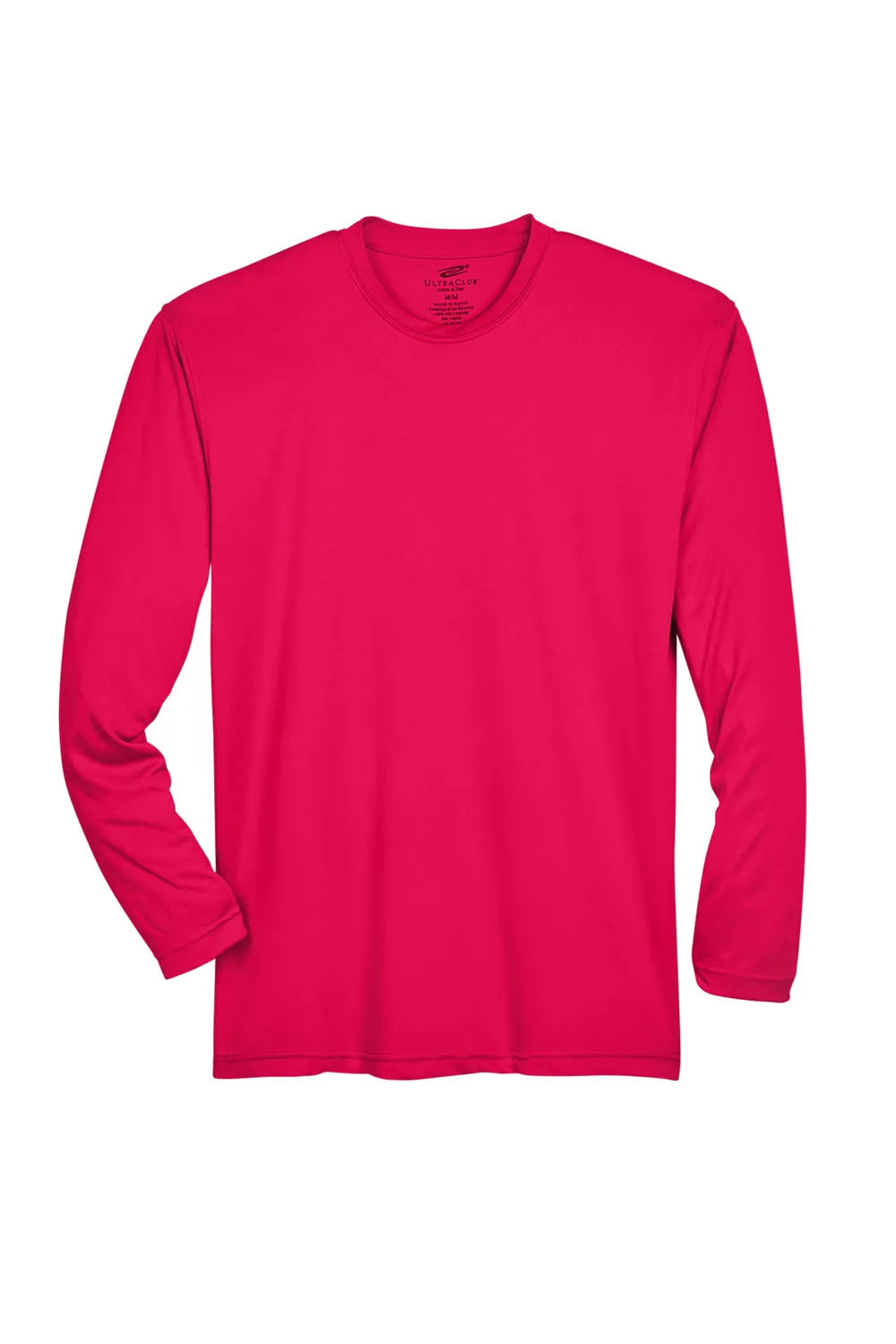 UltraClub Mens Cool & Dry Performance Moisture Wicking Long Sleeve Crewneck T-Shirt - Red - Closeout