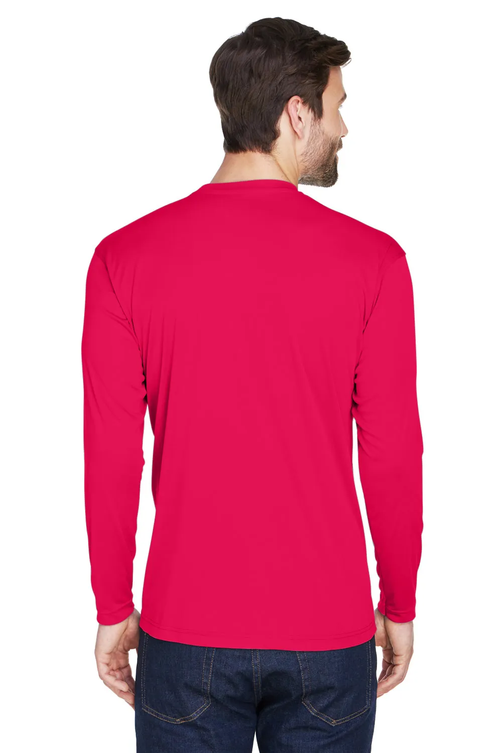 UltraClub Mens Cool & Dry Performance Moisture Wicking Long Sleeve Crewneck T-Shirt - Red - Closeout