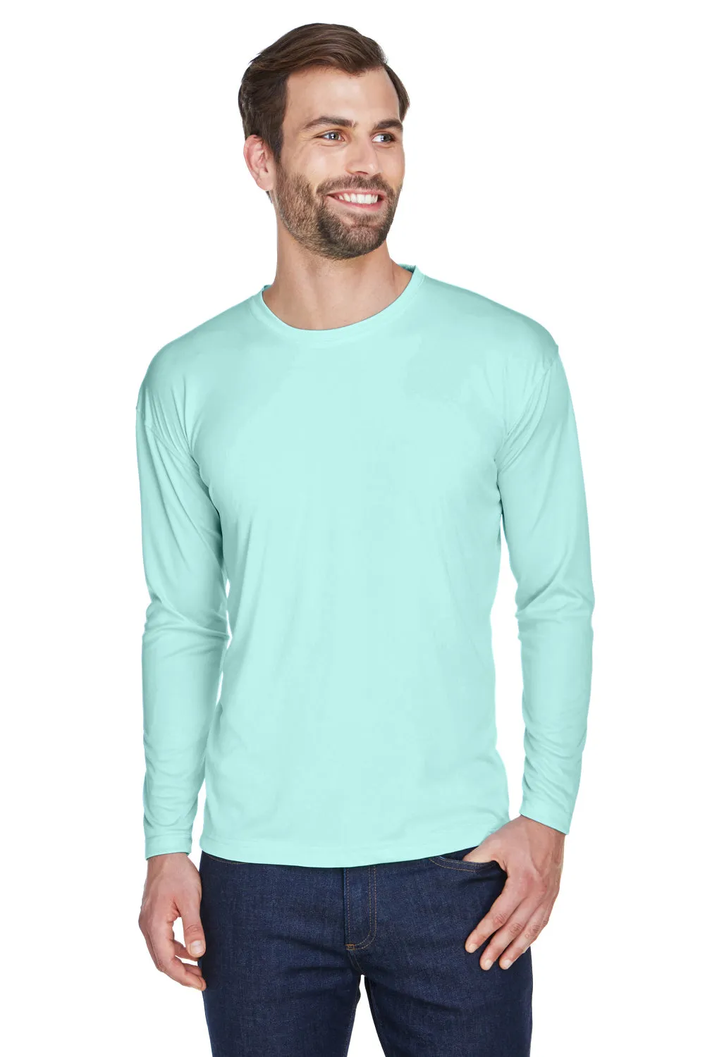 UltraClub Mens Cool & Dry Performance Moisture Wicking Long Sleeve Crewneck T-Shirt - Sea Frost Green