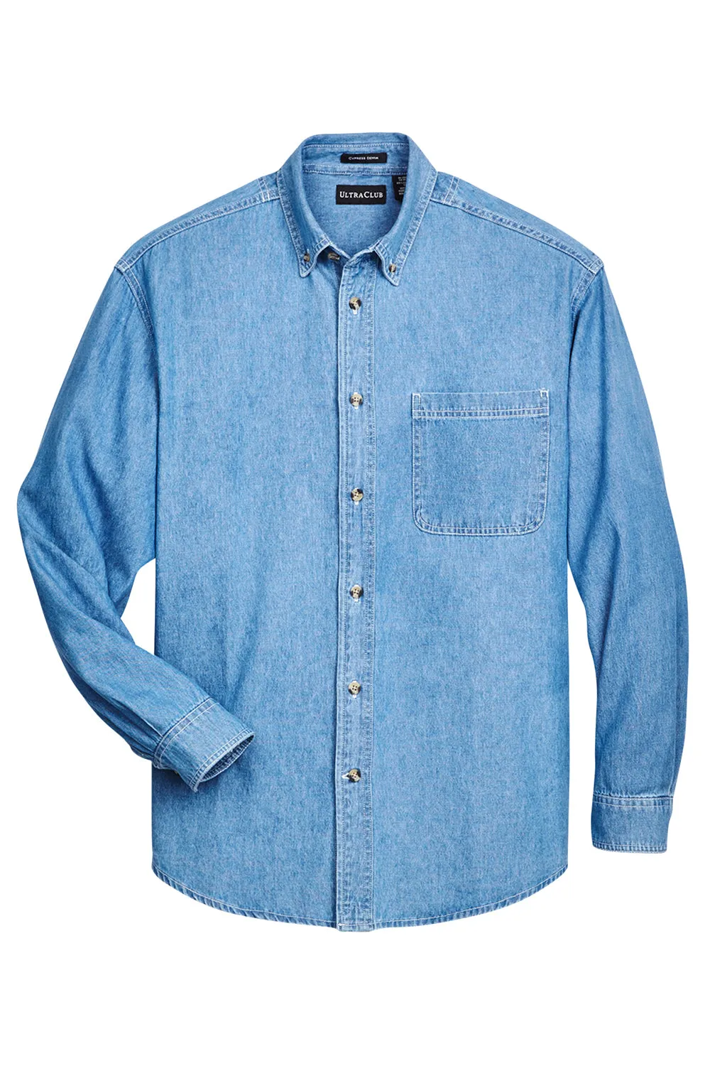UltraClub Mens Cypress Denim Long Sleeve Button Down Shirt w/ Pocket - Light Blue