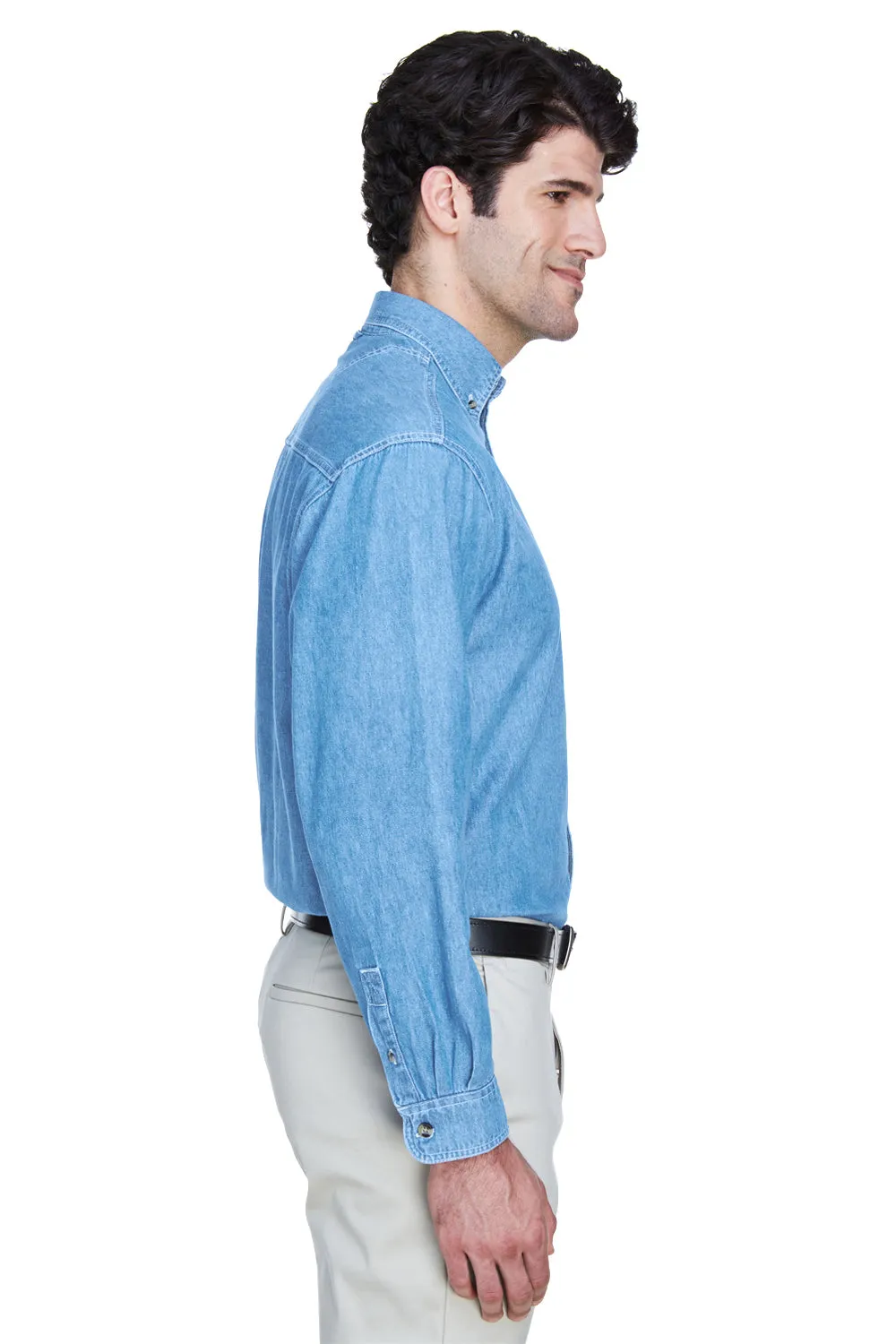 UltraClub Mens Cypress Denim Long Sleeve Button Down Shirt w/ Pocket - Light Blue