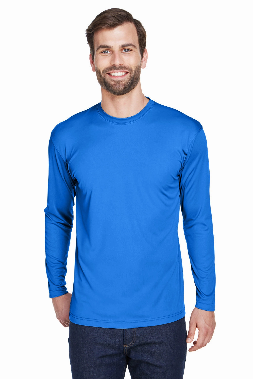 UltraClub Mens Cool & Dry Performance Moisture Wicking Long Sleeve Crewneck T-Shirt - Royal Blue