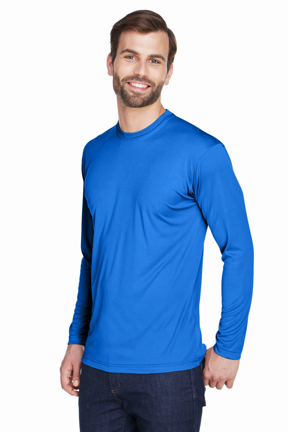 UltraClub Mens Cool & Dry Performance Moisture Wicking Long Sleeve Crewneck T-Shirt - Royal Blue