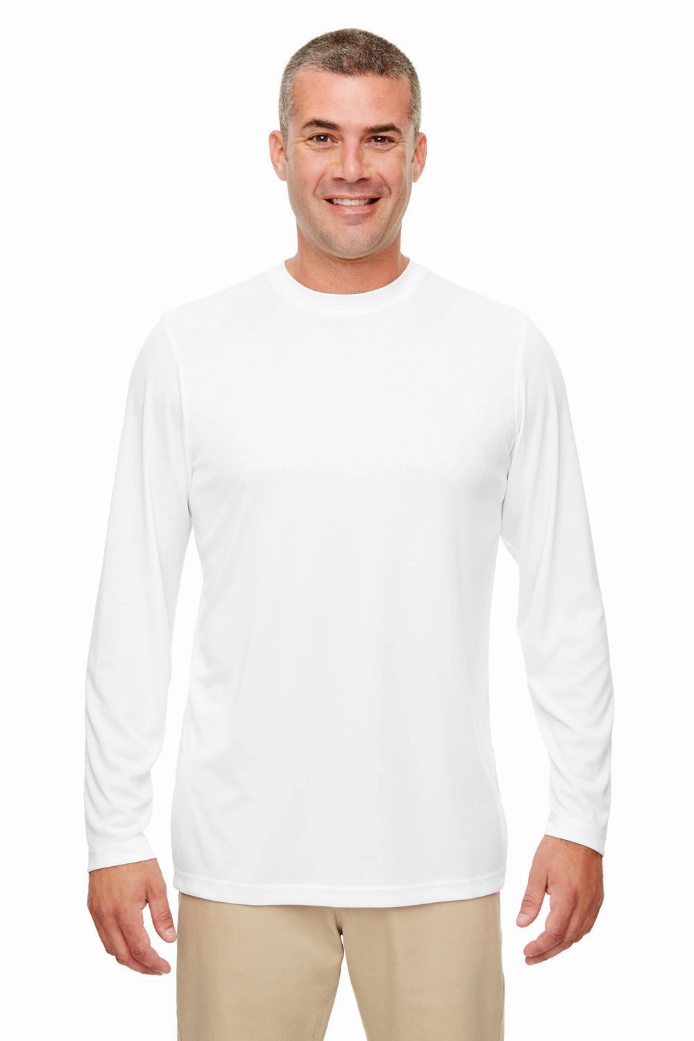 UltraClub Mens Cool & Dry Performance Moisture Wicking Long Sleeve Crewneck T-Shirt - White
