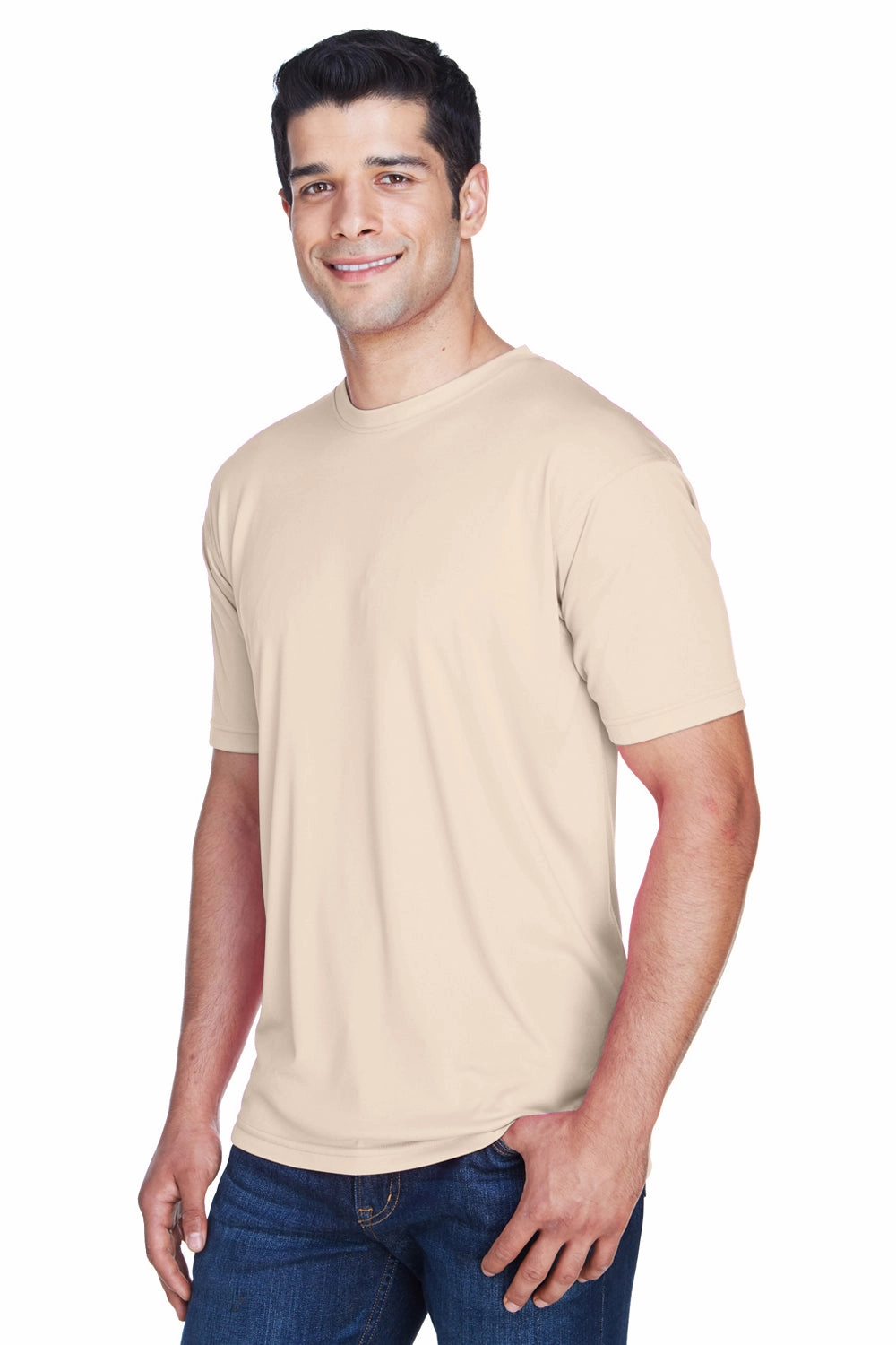 UltraClub Mens Cool & Dry Performance Moisture Wicking Short Sleeve Crewneck T-Shirt - Sand