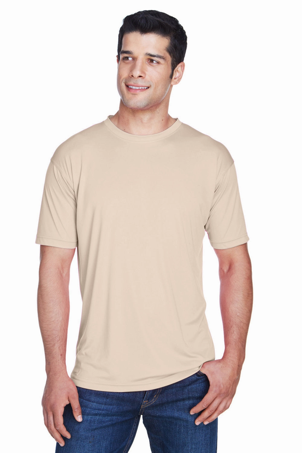 UltraClub Mens Cool & Dry Performance Moisture Wicking Short Sleeve Crewneck T-Shirt - Sand